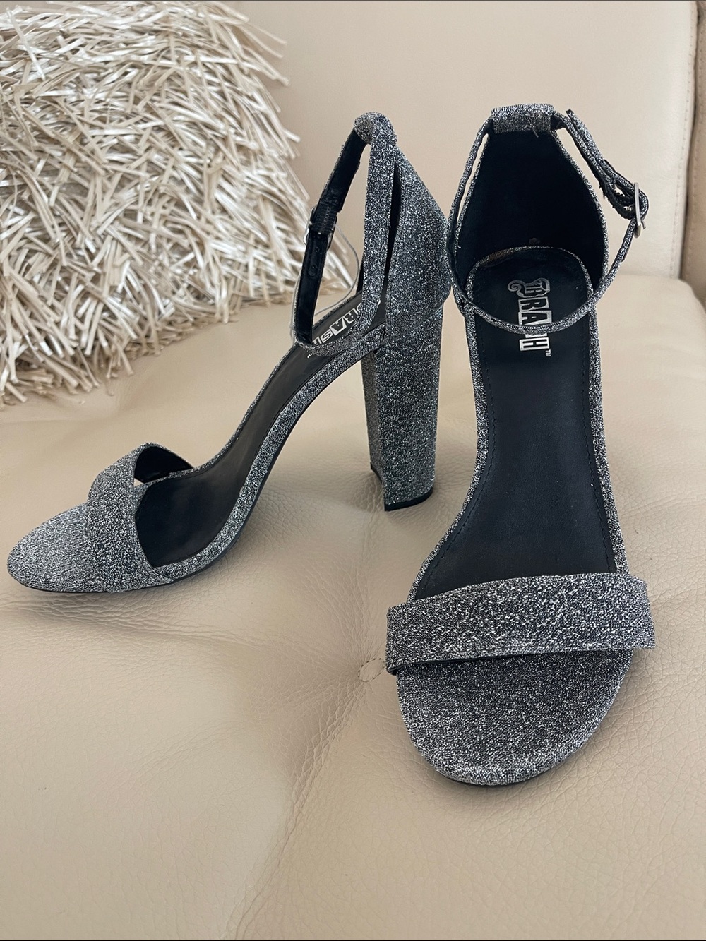 Gray Glitter Ankle-Strap Block Heel Sandals
